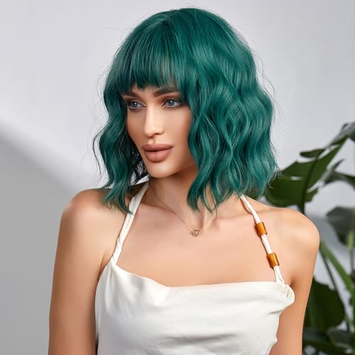 Green Short Curly Wig for Women - 12 Inch Bob with Bangs