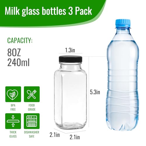 8 oz Glass Juice Bottles - 3 Pack with Lids for Juicing & Smoothies