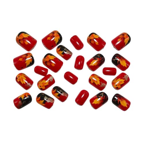 Fall Press on Nails Short Square Maple Leaves Glitter Design Glossy Fake Nails 24Pcs