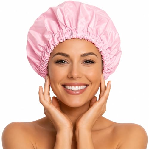 Pink Satin Lined Waterproof Shower Cap for Women - Extra Large, Reusable, Anti-Frizz Hair Protector