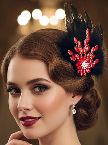 1920s Black Feather Fascinator with Red Crystal Flower for Formal Evening Events