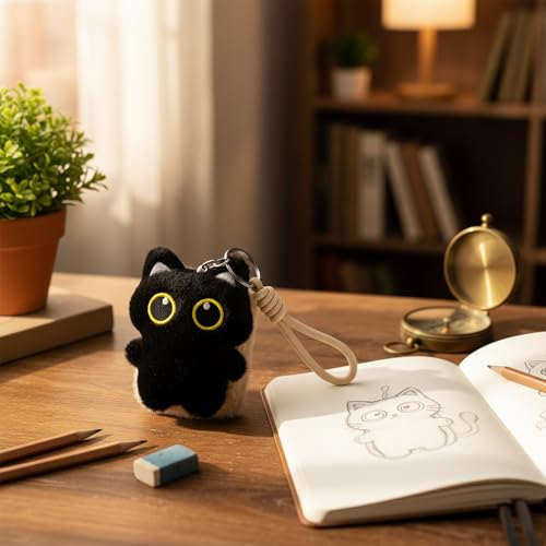 Brown Black Cat Compact Mirror Keychain - Travel Makeup & Bag Charm