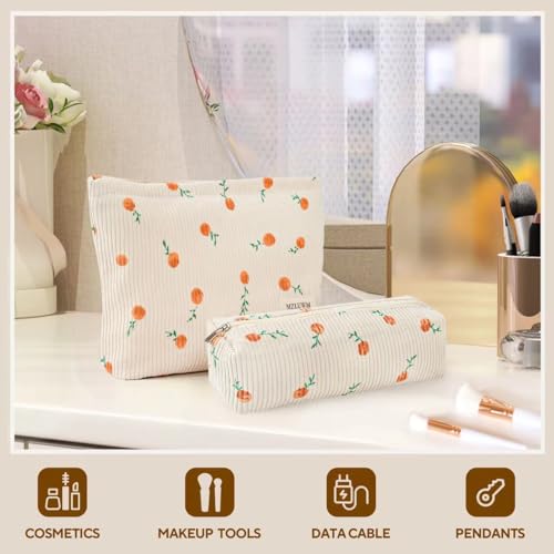 Corduroy Makeup Bag Set - Aesthetic Travel Cosmetic Pouch with Brush Case
