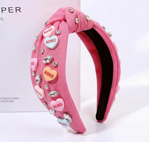 Pink Heart Valentine Headband for Women with Crystal Rhinestones - Love Knot Hair Accessory