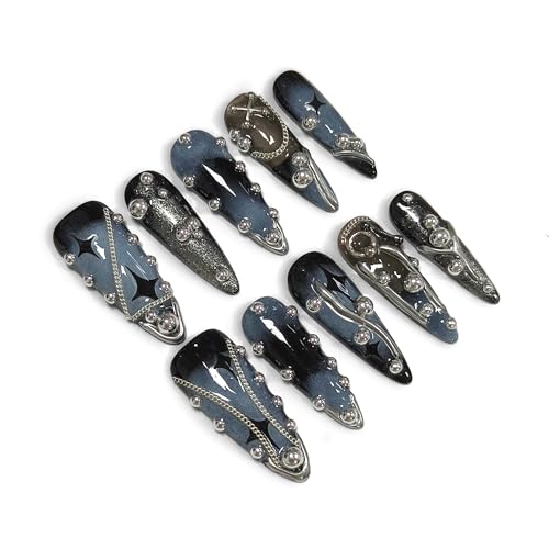 Long Stiletto Press-On Nails with 3D Cross Studs - Size M