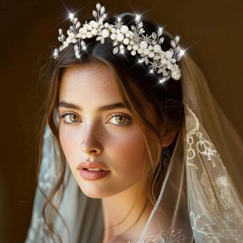 Fashey Silver Star Bridal Tiara with Pearls and Rhinestones