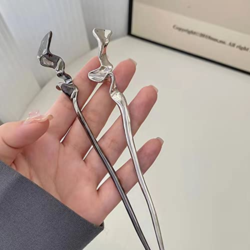 2Pcs Chinese Hair Sticks for Women - Silver & Black Metal Hairpins