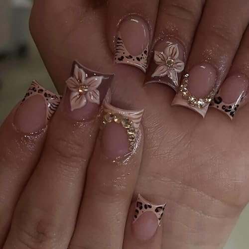 Valentine Heart Nails Press On Nails 24Pcs Short Almond French Tip with Floral, Leopard, 3D Gold Rhinestones - WULIUFLY Heart Nails