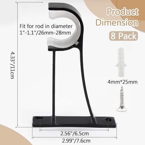 Heavy Duty Curtain Rod Brackets - 8 Pack Black Holders for 1" Rods