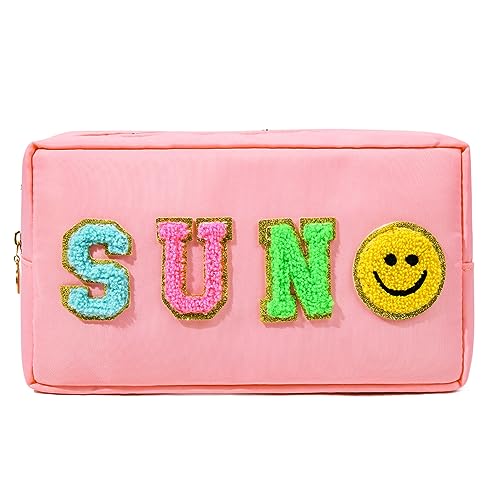 SOIDRAM Small Sun Pink Makeup Bag with Chenille Letter Patches - Travel Cosmetic Organizer for Women