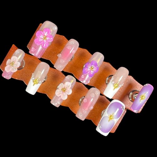 BByogooz Handmade 3D Sakura Press On Nails - Square French Tip Acrylic Set