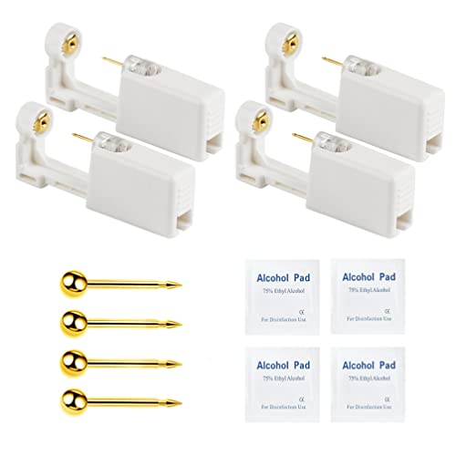 Gold Self Ear Piercing Gun Kit 4 Pack Disposable Ear Studs & Alcohol Cotton