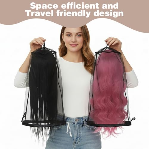 Aeaocvo 2 Pcs Wig Storage Bags with Drawstring - Breathable Nylon Cover (Black)