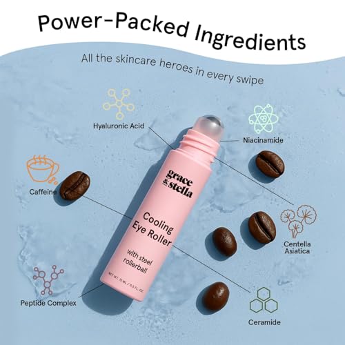 Grace & Stella Cooling Eye Serum Roller with Metal Ball 15ml – Caffeine, Niacinamide