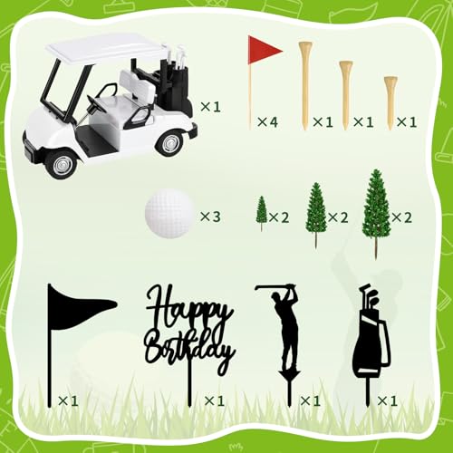 21 Golf Cake Decorations Set - Mini Cart, Balls, Flags & Trees