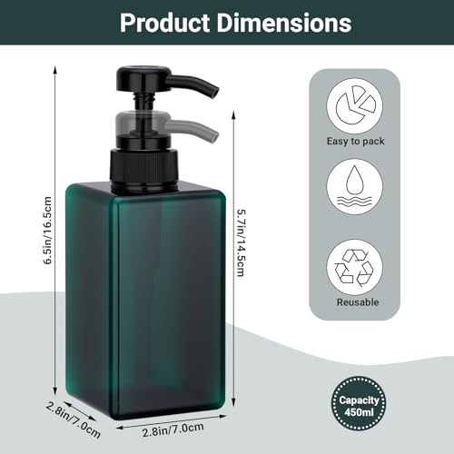 Suream Peacock Blue 3-Pack 15oz Refillable Shampoo & Conditioner Bottles, Eco-Friendly Pump Dispensers, Leak-Proof Bathroom & Travel Use