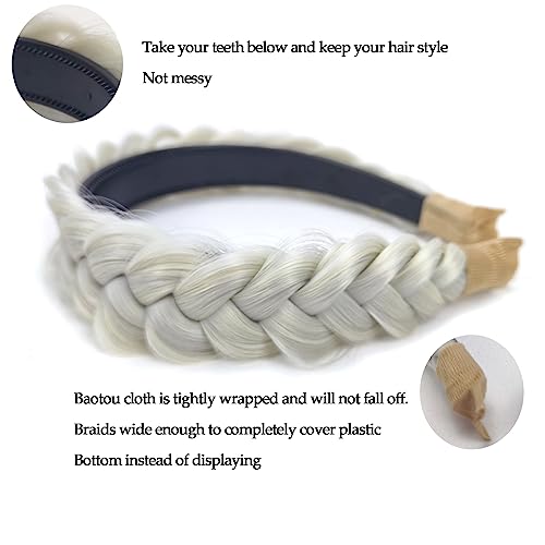 Wide Braided Headband Hoop for Women & Girls - Non-Slip Elastic Hair Accessory (White Grey)