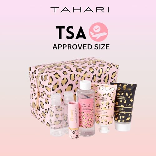 Tahari Vanilla Jasmine Spa Gift Set for Women – Leopard | Body Lotion, Wash, Scrub & Lip Balm Travel Kit