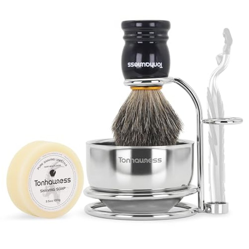 Badger Hair Shaving Brush With Wood Handle, Goat Milk Shaving Soap, Dual-ring Base Stainless Steel Shaving Stand Holder and 3 Layers Shaving Bowl for Men's Wet Shaving (Black With Badger Hair)