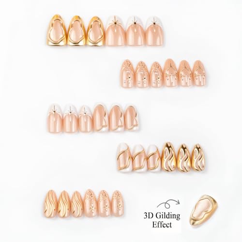 PEPFTG Champagne Gold Almond Press On Nails 3D Luxury Fake Nails 30 Pcs