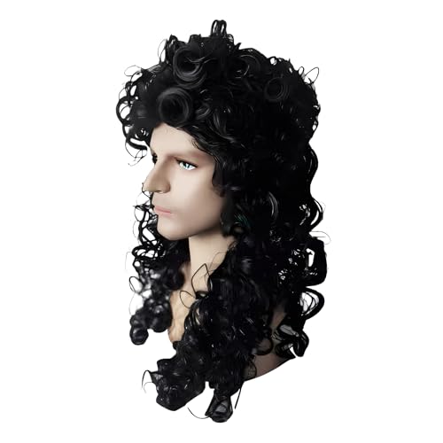 Mens Long Curly Black Wig - Heat Resistant Synthetic Hair for Cosplay