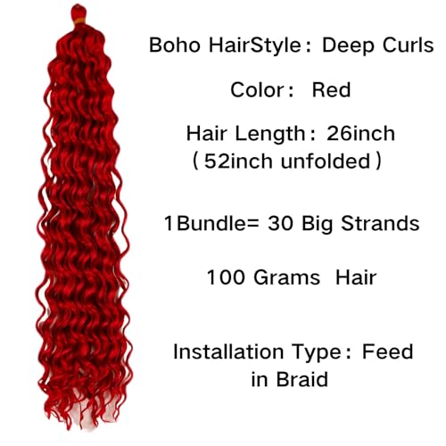 Leticia Bright Red Pre-Stretched Curly Braiding Hair 26 Inch Pack of 5 for Boho Styles