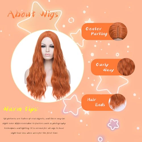 DWMGLP 24-Inch Orange Curly Wavy Wig for Women, Heat-Resistant Synthetic Cosplay & Party