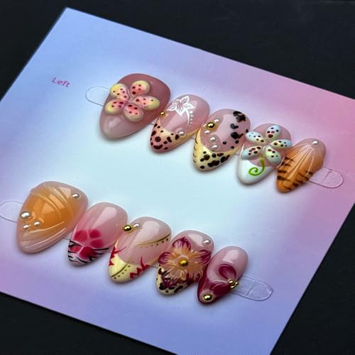 Handmade Almond Press on Nails with Yellow Flower & Pearl Rhinestones