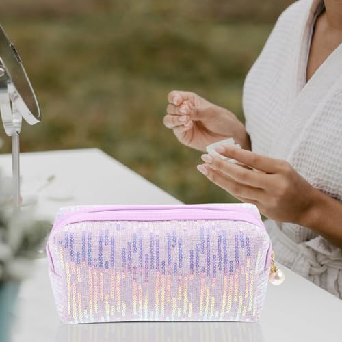 CALLARON Glitter Makeup Bag - Portable Pink Sequin Cosmetic Pouch