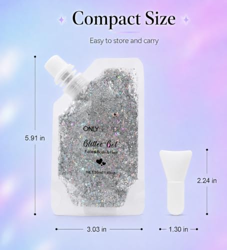 ONLYBETTER Silver Holographic Body Glitter Gel for Face & Hair - 1.69oz, Holo Silver