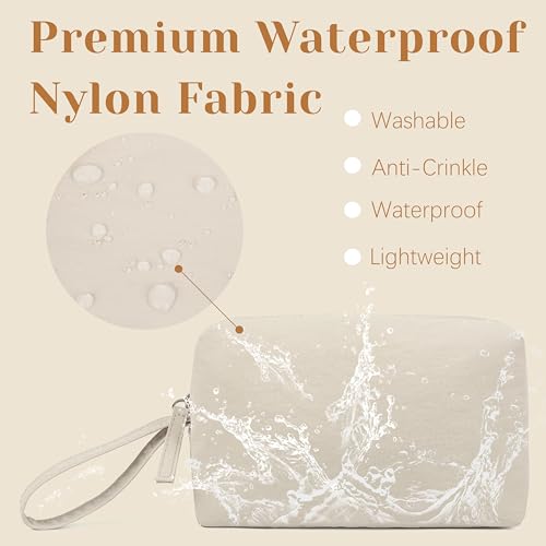 Mini Waterproof Makeup Bag with Multiple Pockets - Lightweight Toiletry Organizer, Clutch & Travel Case (Beige)
