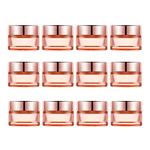 12x 0.5 oz Pink Glass Jars with Rose Gold Lids — Refillable Cream Containers