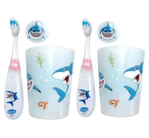 Lily's Home Kids Shark Flashing Timer Toothbrush Set with Cup & Cover - Soft Bristles, 2-Minute Light-Up Brushing, Toddler Friendly, Set of 2