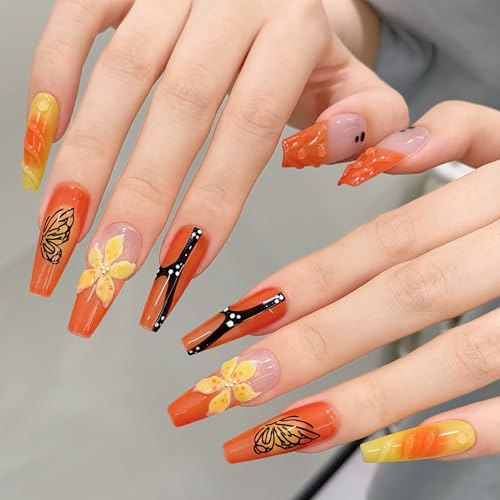 Hand-Painted Orange Press-On Nails with 3D Flowers & Butterflies - Size S