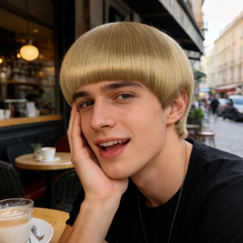 JoneTing Men's Blonde Bowl Cut Wig - Synthetic Mushroom Bob Hairstyle
