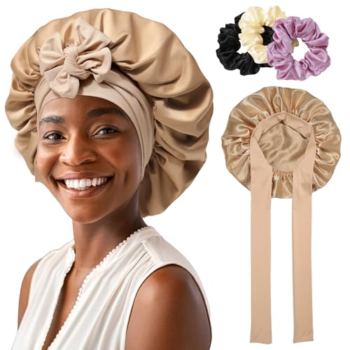 AWAYTR 2-Layer Satin Hair Bonnet with 3 Scrunchies - Coffee