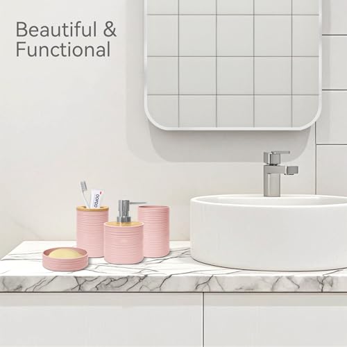 Pink Bamboo Bathroom Accessory Set - 4 Pieces Includes Soap Dispenser, Toothbrush Holder, Soap Dish, Cup