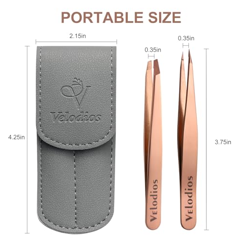 Velodios 2-Pack Precision Eyebrow Tweezers – Slant & Pointed Tips, Leather Case