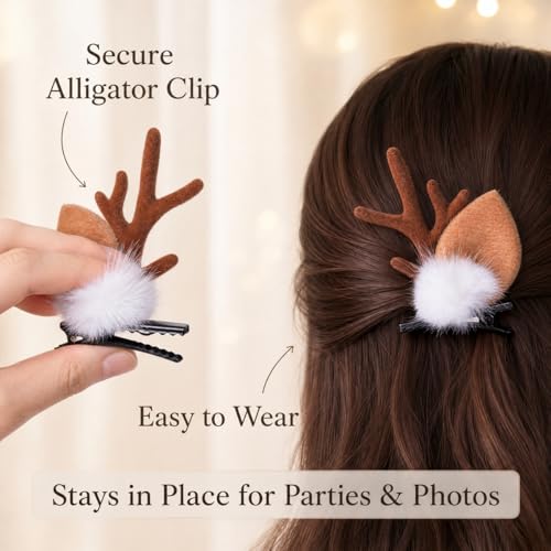 HAOQINA Small Deer Ears Antler Headbands Hair Clips (Hairclip-hairpin) — Plush Reindeer Antlers