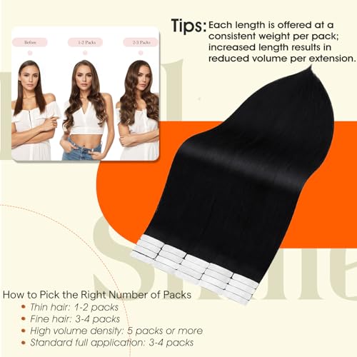 Full Shine Tape in Hair Extensions Human Hair 18Inch Remy Tape ins Human Hair Extensions Color 1 Jet Black Fashion Extension, Seamless Silky Straight Skin Weft 20Pcs 50G Add Length for Wedding