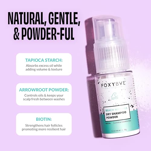 FoxyBae Dry Shampoo Powder - Beach Whisper 1.3 oz Non-Aerosol, Volumizing for Dark, Brunette & Blonde Hair - Travel Size