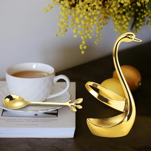 Gold Stainless Steel Swan Dinnerware Set with 12 Leaf Spoons