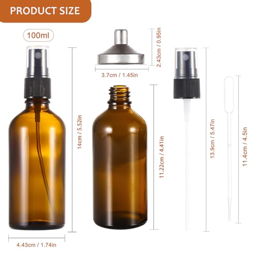 3.4 oz Amber Glass Spray Bottles - 6 Pack Refillable Fine Mist Containers