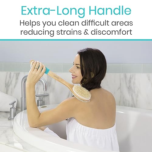 Vive Light Wood Back Scrubber for Shower - Long Handle Dry Body Brush