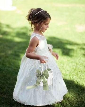 Sage Green Flower Girl Basket with Pearl Handle - Wedding Decor
