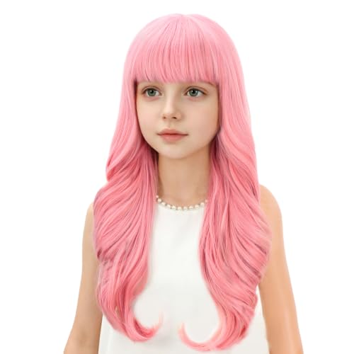 Edivd Kids Pastel Pink Long Wavy Curly Wig with Flat Bangs & Cap - Child-Friendly Synthetic Hair, Heat Resistant, 22 Inch