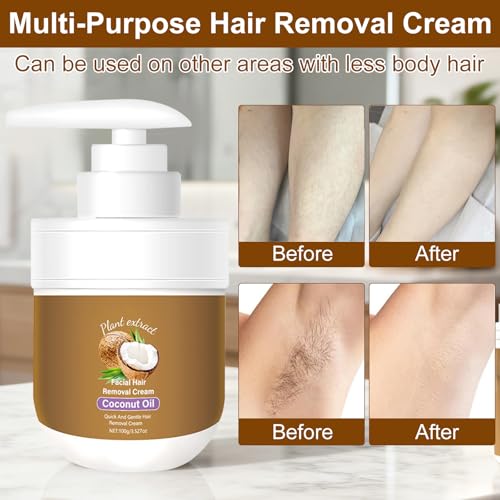 Coconut Oil Facial Hair Removal Cream for Women - Removes Hair From Chin, Upper Lip, Plant Extract, Mild and Non-Irritating (3.52oz)