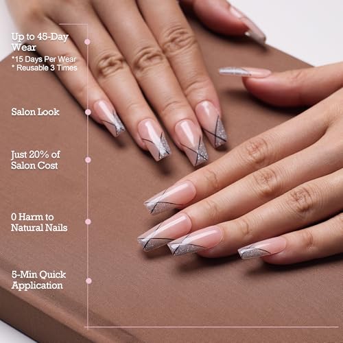 MOKAYIMO Handmade Press On Nails, Medium Square Nude & Silver Glitter