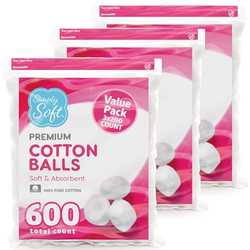 Simply Soft Premium Cotton Balls (600 Count), 100% Pure Cotton, Large Cotton Balls for Face and Nail Polish Remover