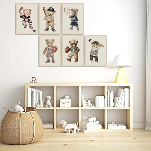 Teddy Bear Sports Wall Art Set - 6 Vintage Prints for Kids' Rooms